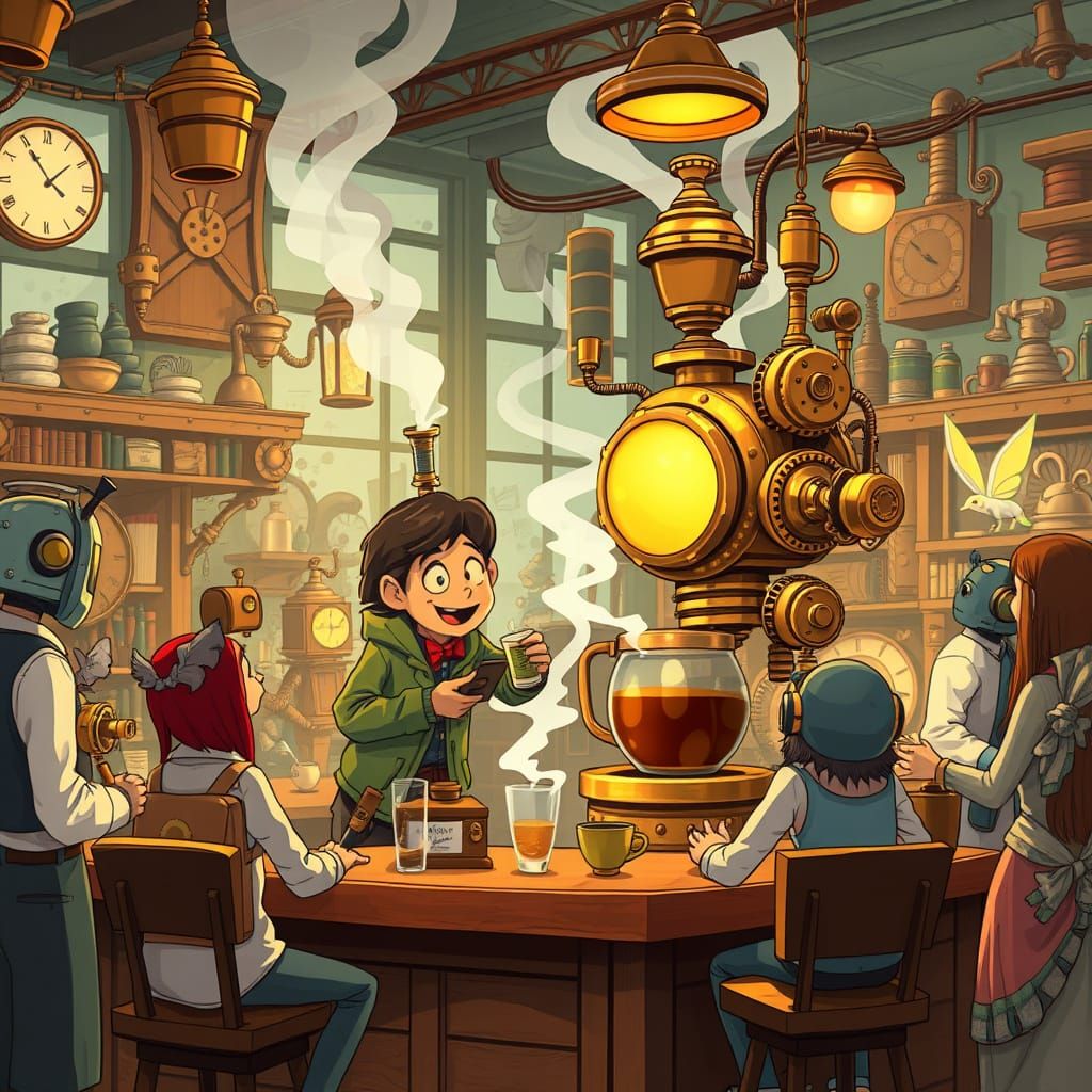 Steampunk Coffee Shop with Coffee-Making Automaton