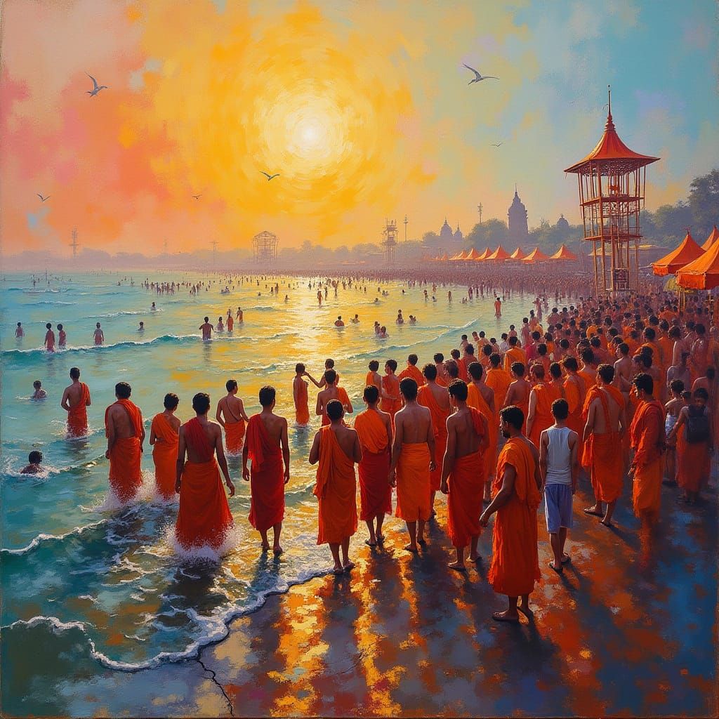 Vibrant Devotees at Mahakumbh Mela in Neo-Impressionist Styl...