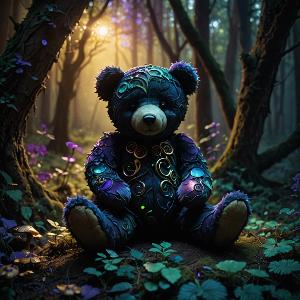Enchanting Goth Teddy Bears in Mystical Forest