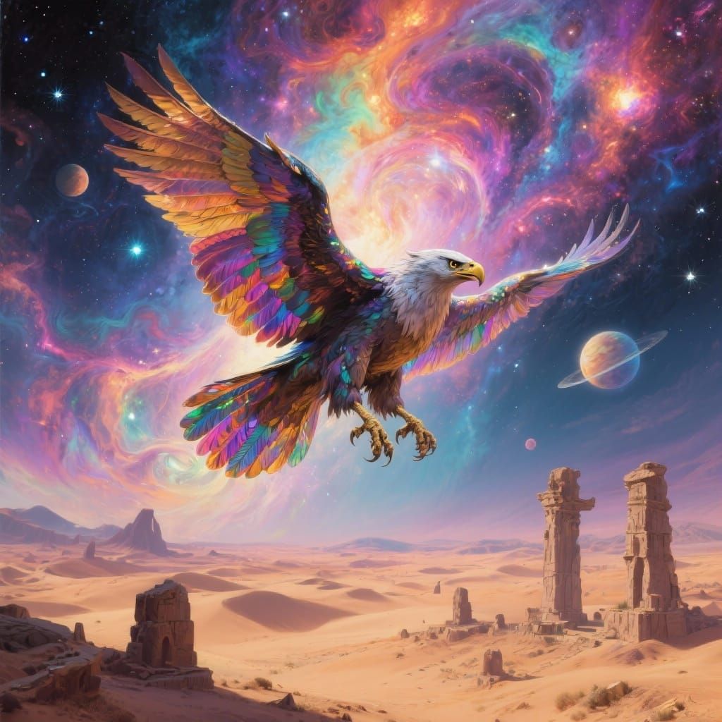 Majestic Griffin Soars Through Cosmic Sky