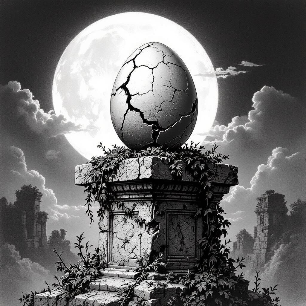 King Egg on Ancient Monument in Moonlight