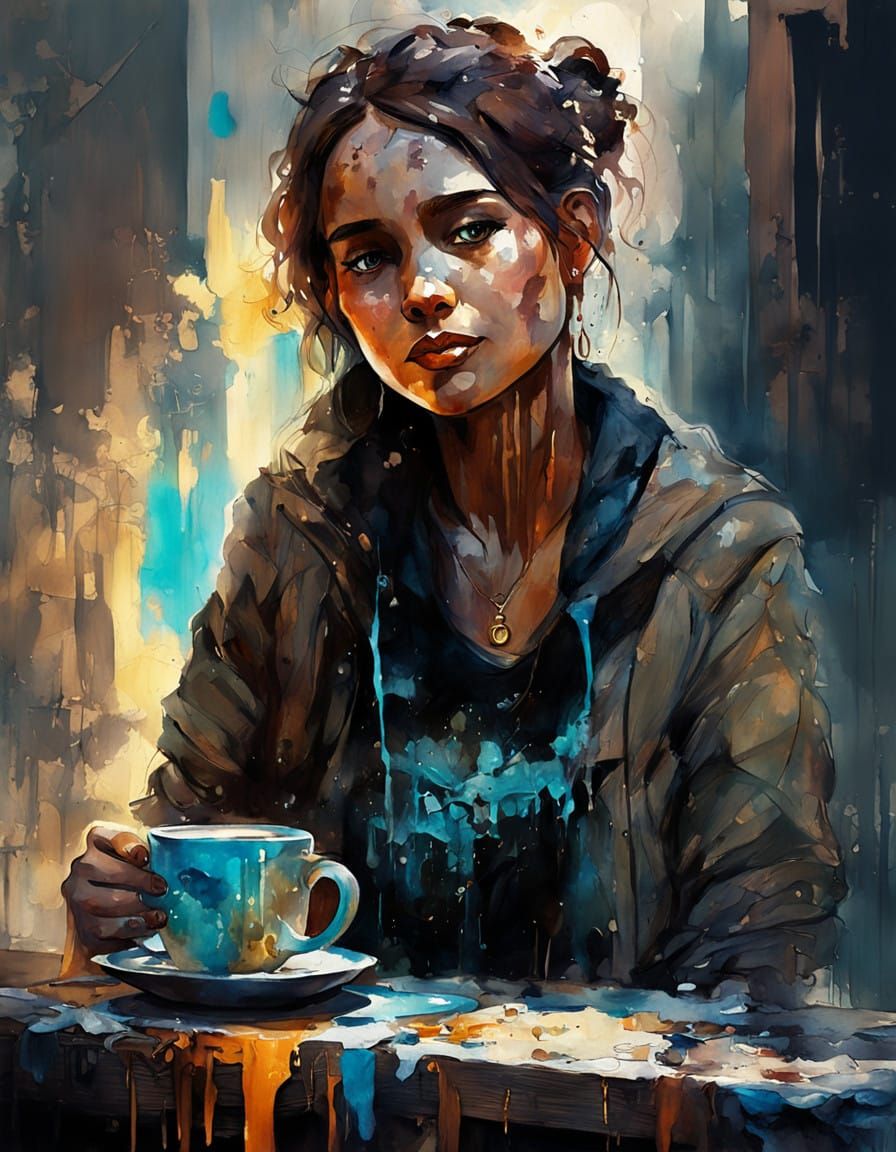 Elegant Ladies in Moonlit Coffeeshop Watercolor