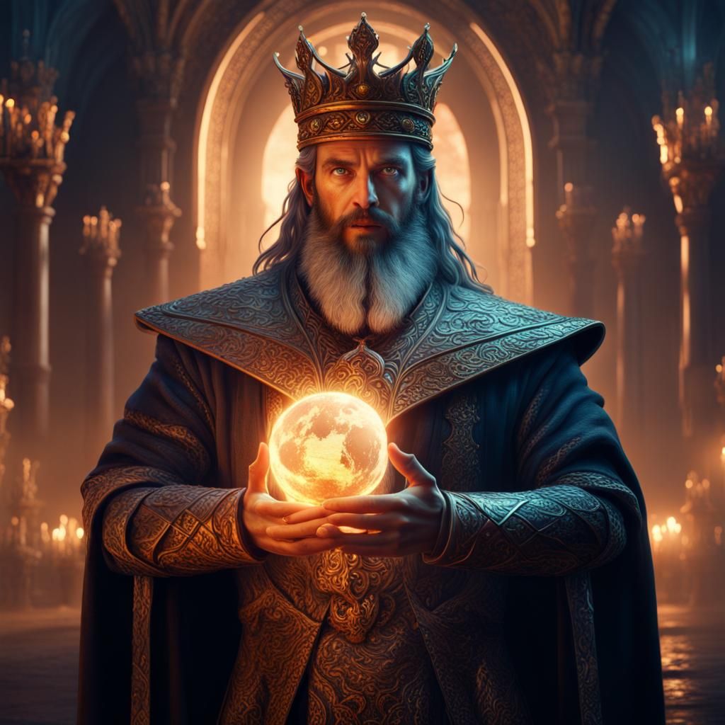 King with Glowing Eyes Holding the World