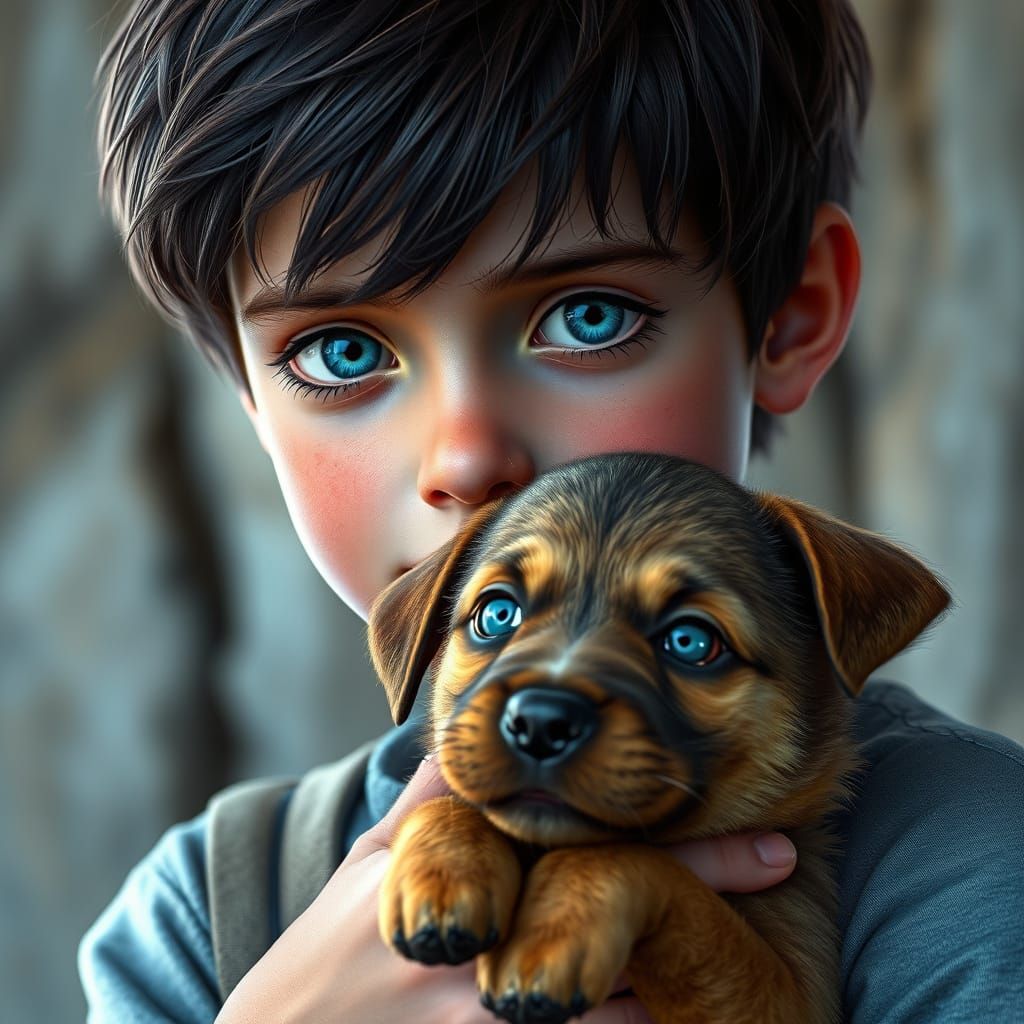 Young Boy and Puppy in Vibrant Fantasy Portrait