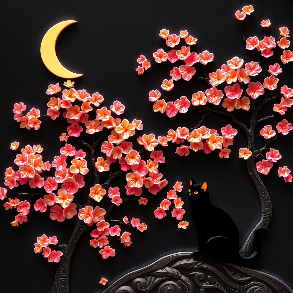 Glowing Cherry Blossom Tree with Black Cat