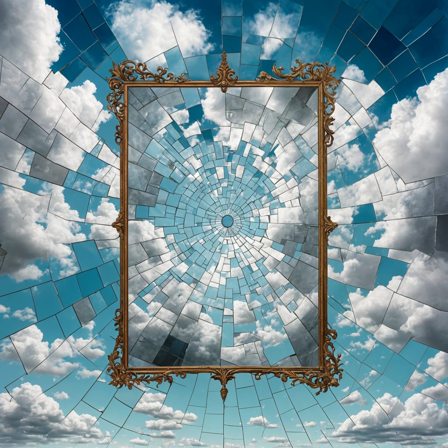 Cracked Mirror Reflecting Cloudy Sky: Storybook Illustration
