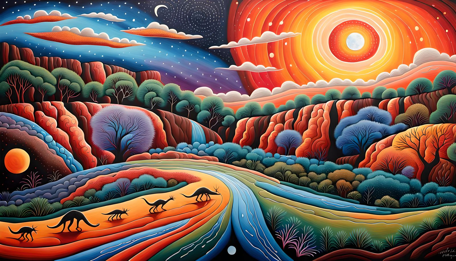Dreamtime Aboriginal Landscape with Rainbow Dragon