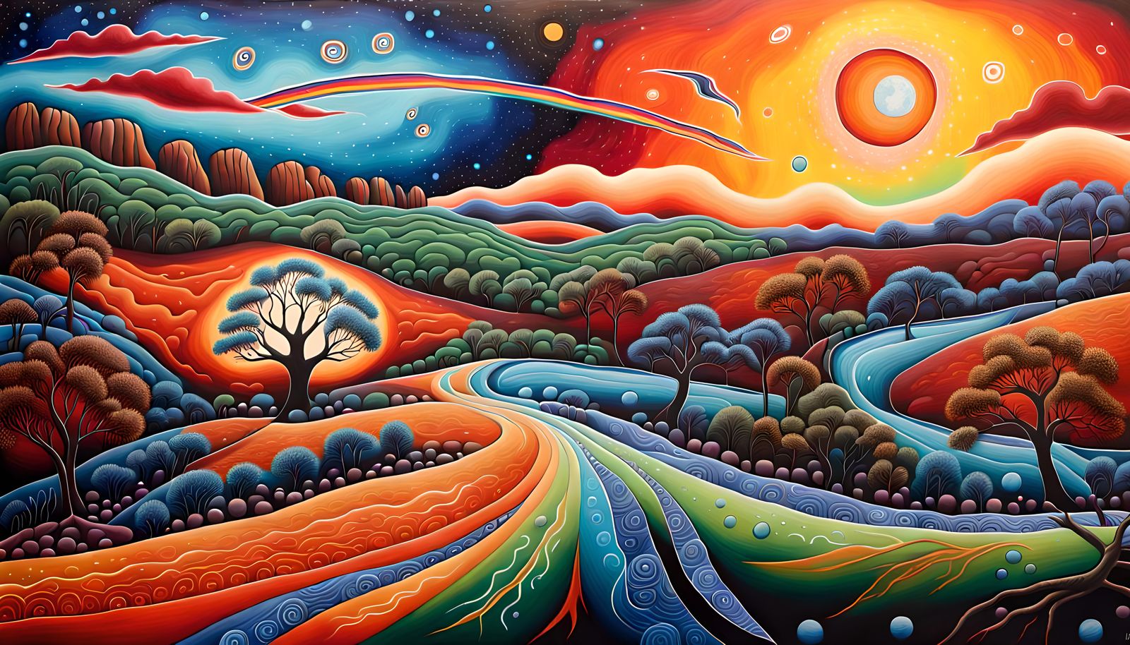 Dreamtime Aboriginal Landscape with Rainbow Dragon Sky