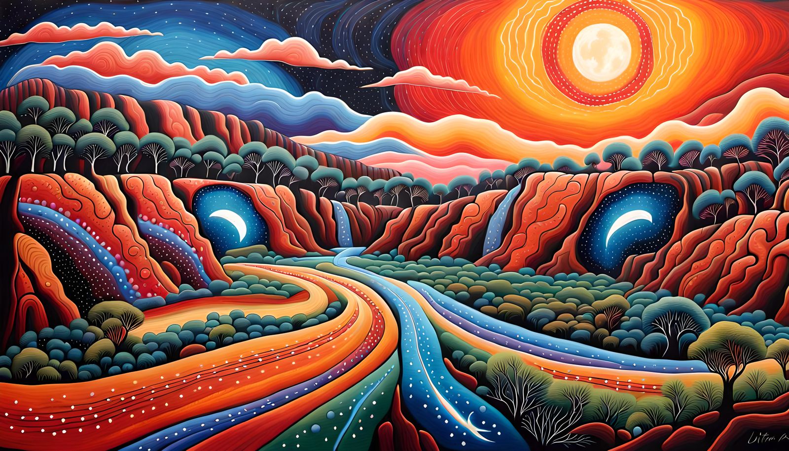 Dreamtime Aboriginal Art with Rainbow Dragon Sky