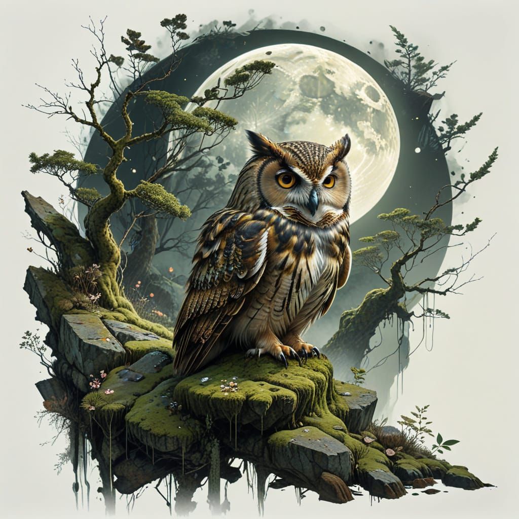 Surreal Owl Contemplates Mystical Moonlit Landscape