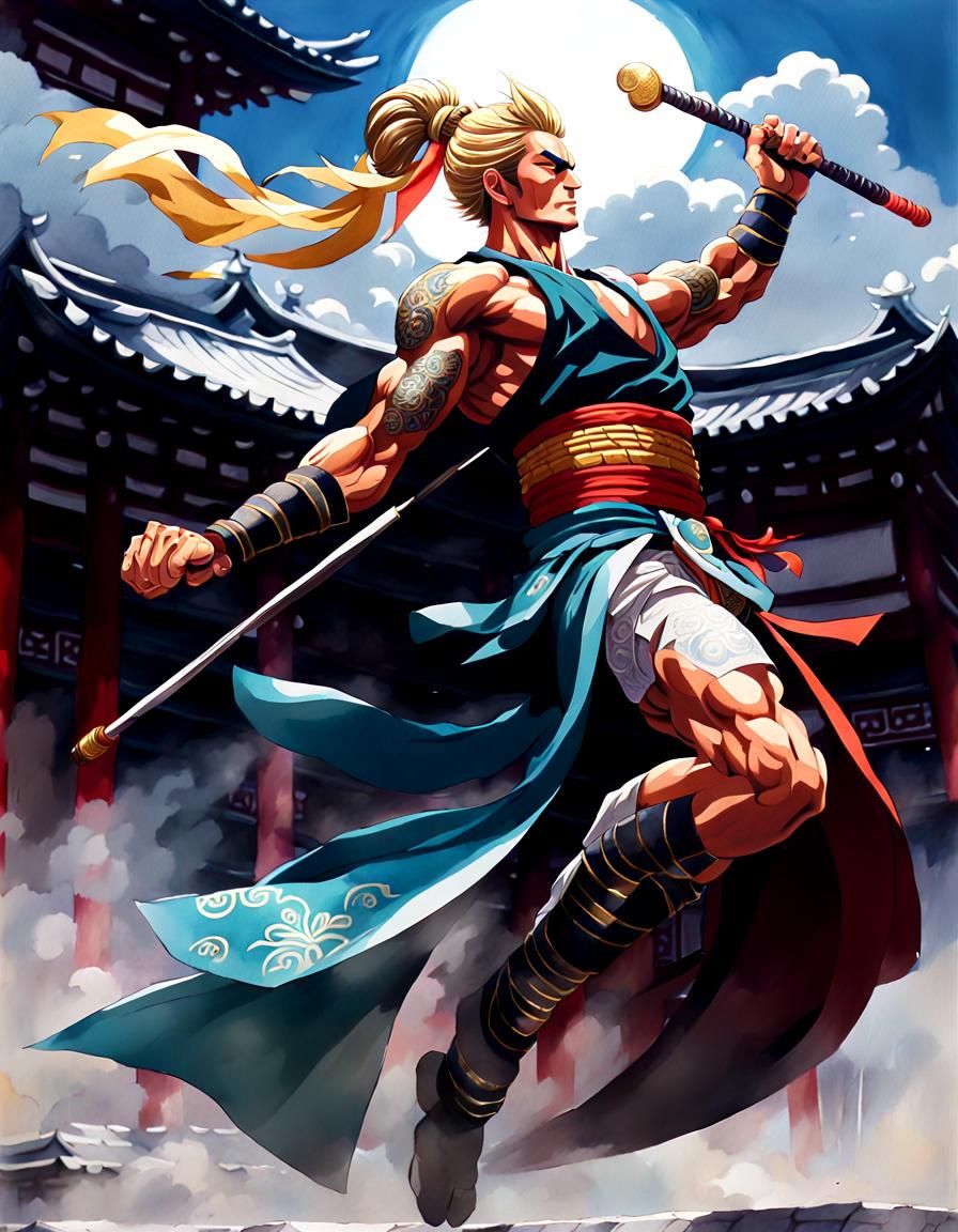 Muscular Warrior in Japanese Temple, Gouache Painting