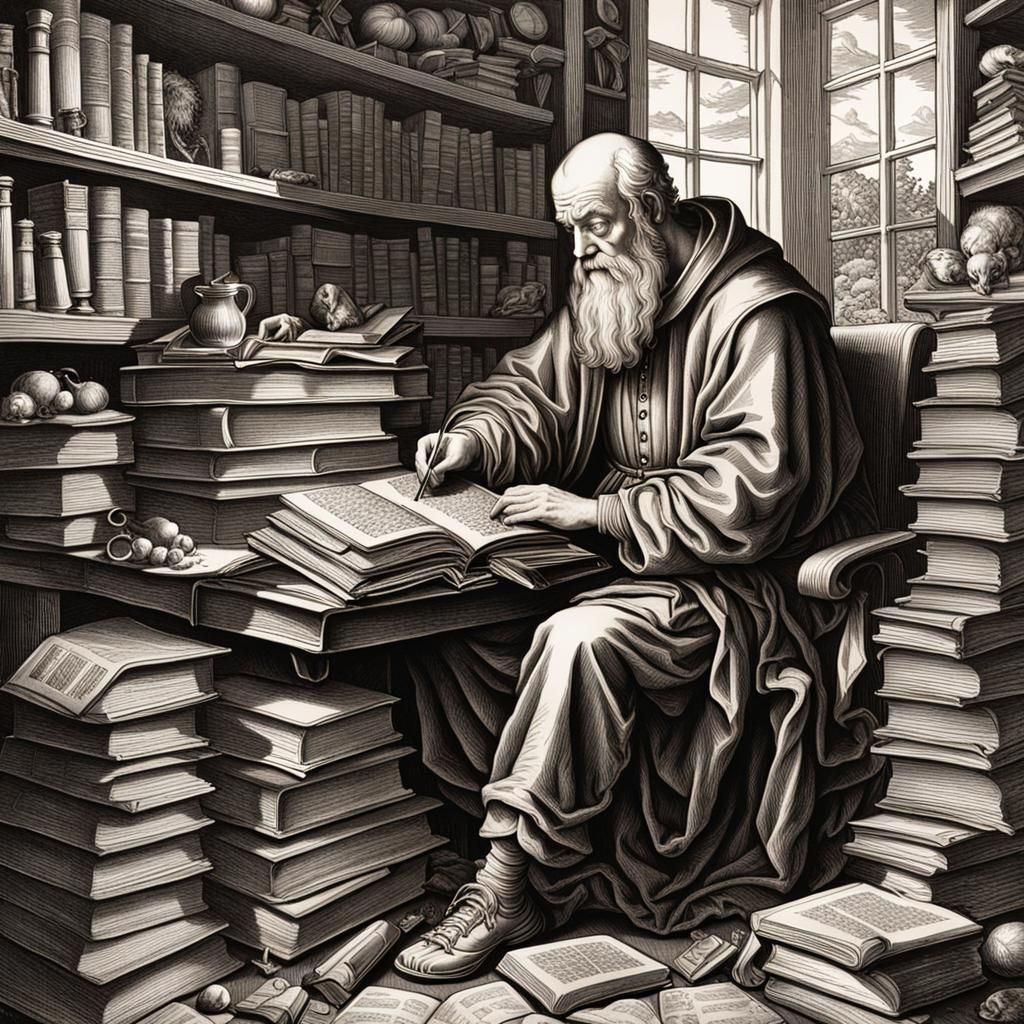 Saint Jerome in Study, Renaissance Copperplate Engraving