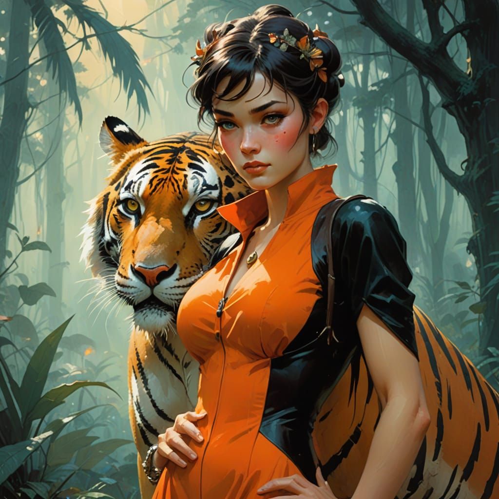 Whimsical Tiger Girl in Enchanted Forest