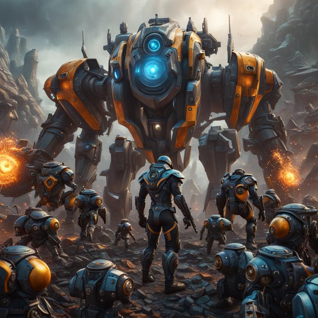 Technomancer and Robotic Minions in Detailed Matte Painting