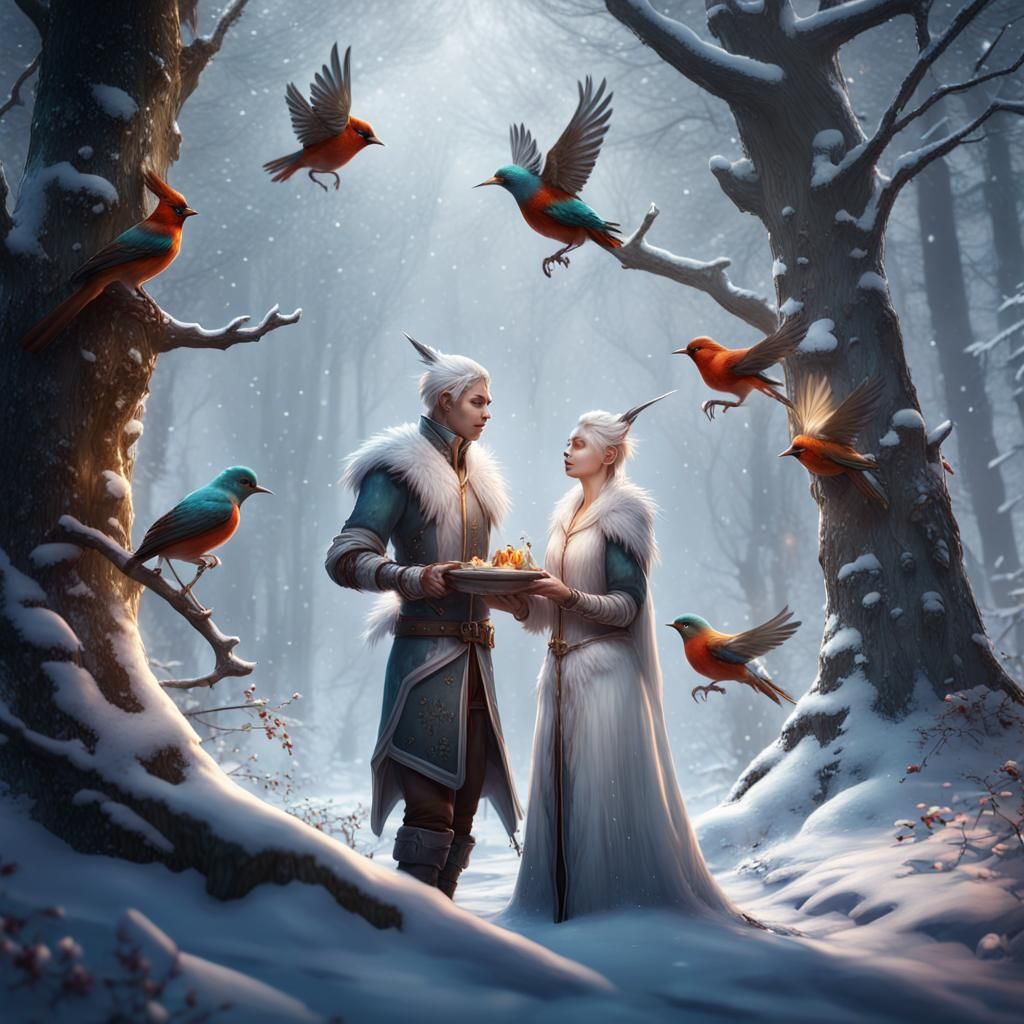 Elves Feeding Birds in Snowy Forest: Fantasy Art