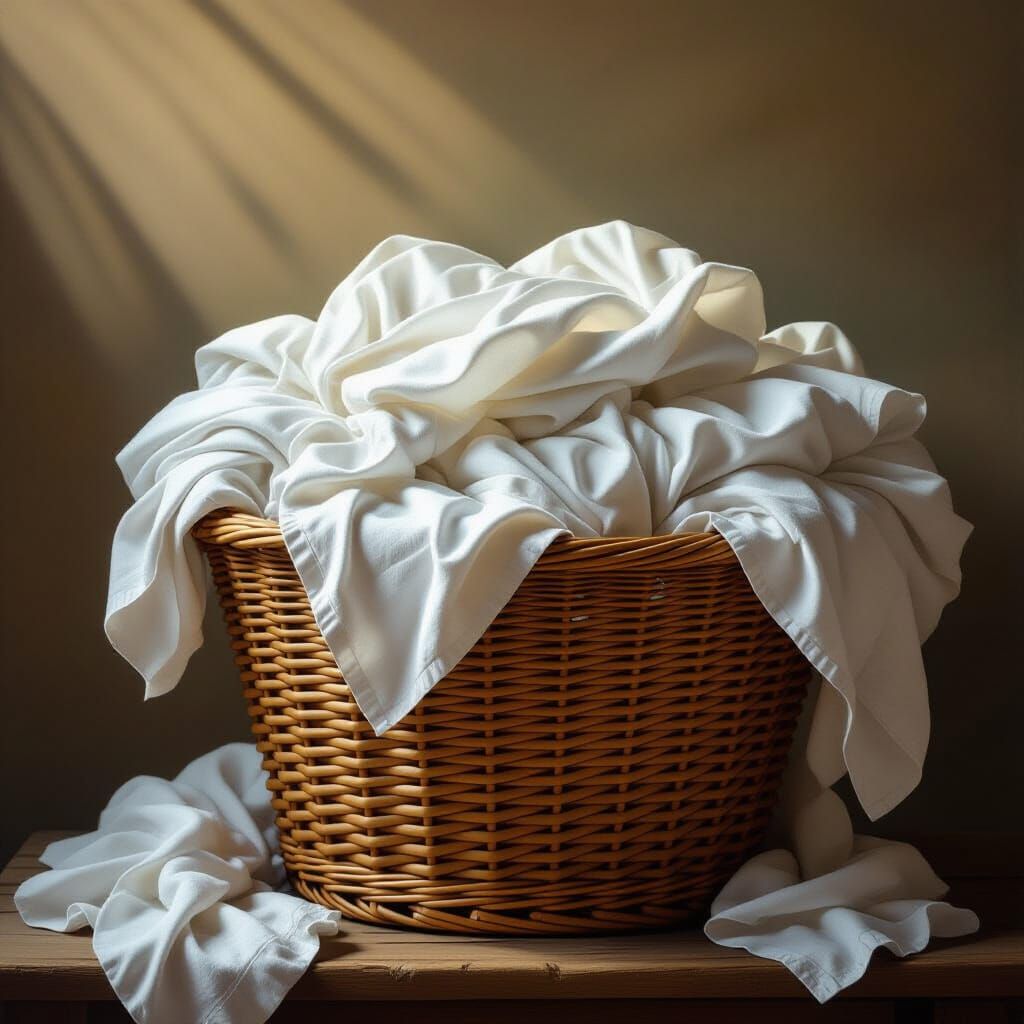 Dirty Laundry Piled High in Wicker Basket