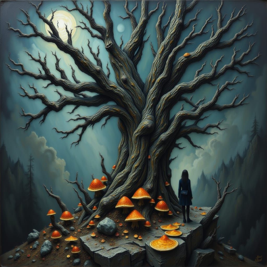 Ancient Sequoia in Mist with Eerie Fungal Glow