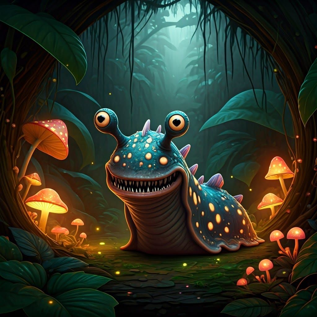 Eerie Kawaii Slug Monster in Fantasy Landscape