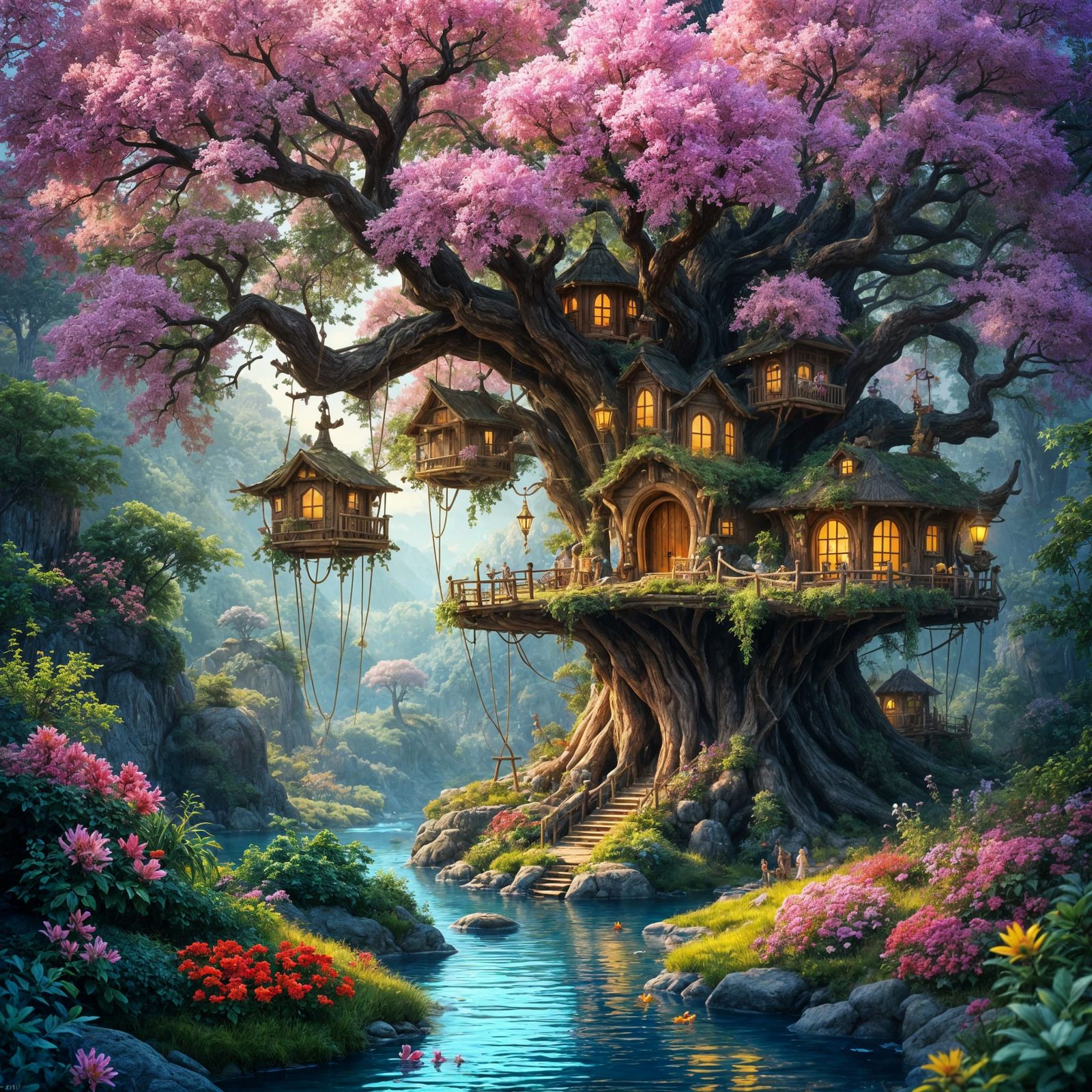 Whimsical Treehouse Village in Fantasy Oil Painting