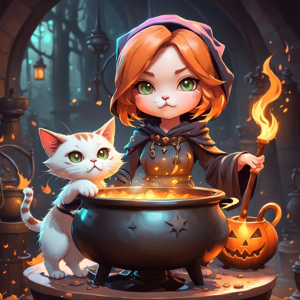 Chibi Witch and Cat Portrait in Digital Art Style