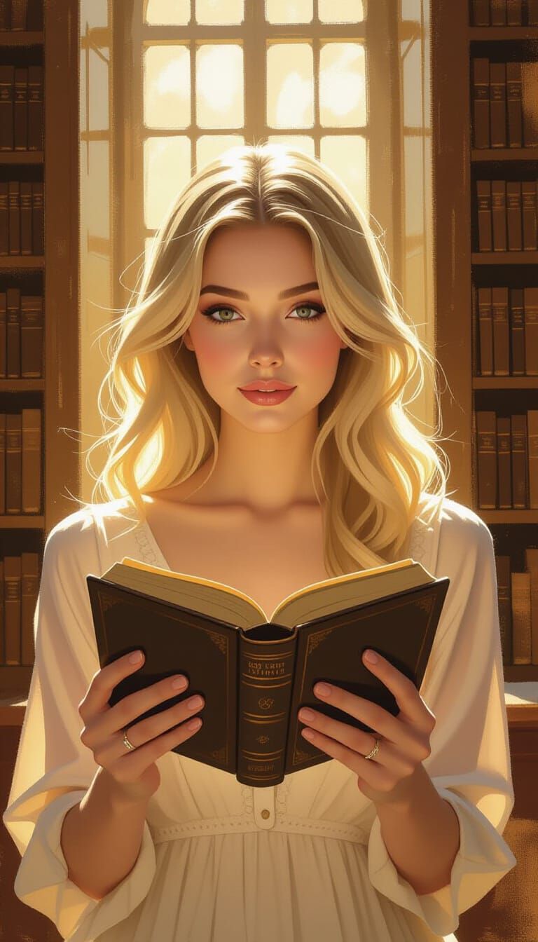 Nostalgic Library Scene with Woman Holding Antique Book