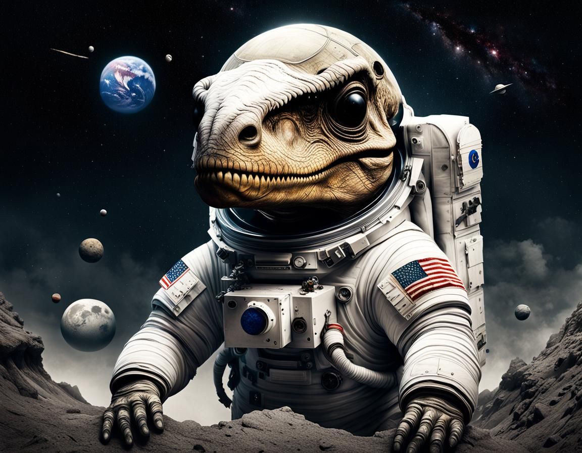 Astronaut T-Rex Space Explorer in Surreal Style