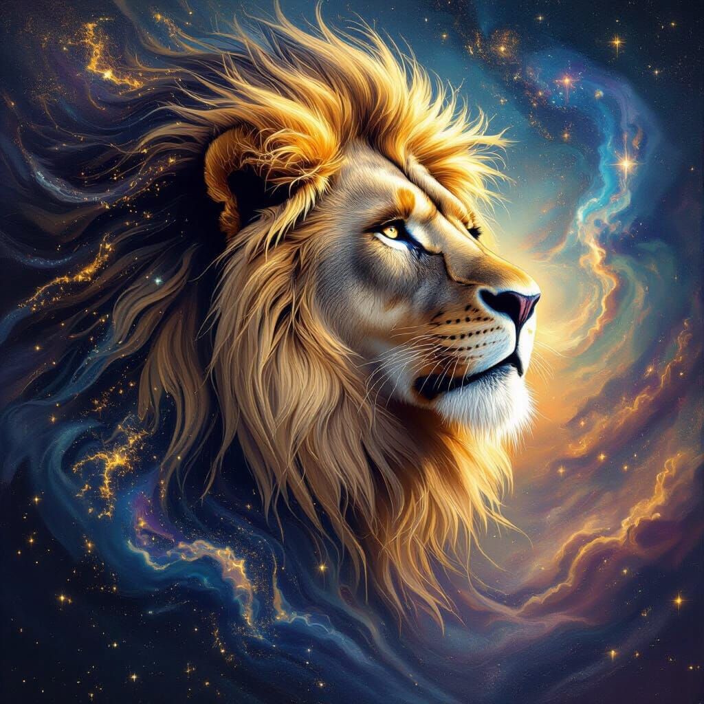 Lion with Stardust Mane in Cosmic Surrealism Style
