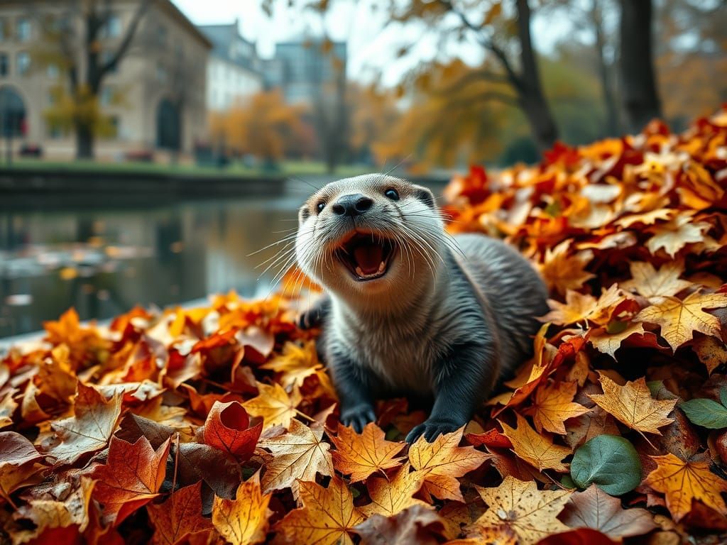 Cute Otter Plays in Vibrant Autumn Leaves