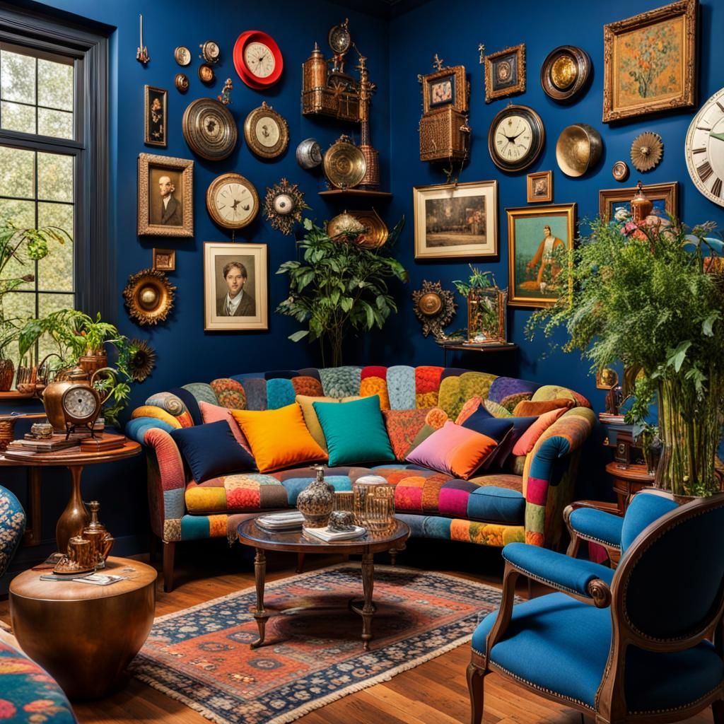 Maximalist Living Room with Paisley Couch and Clocks