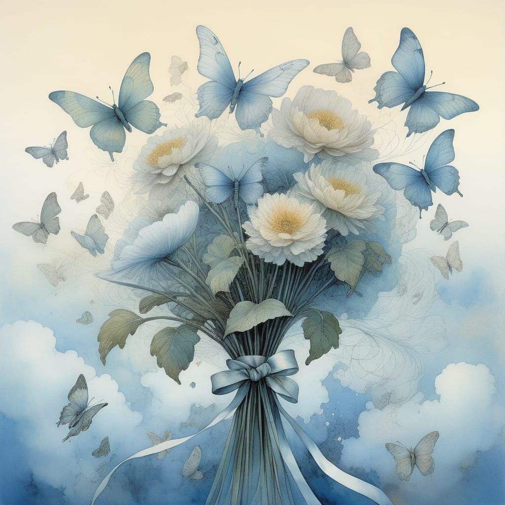 Surreal Floral Bouquet on Cloudy Sky with Shimmering Butterf...