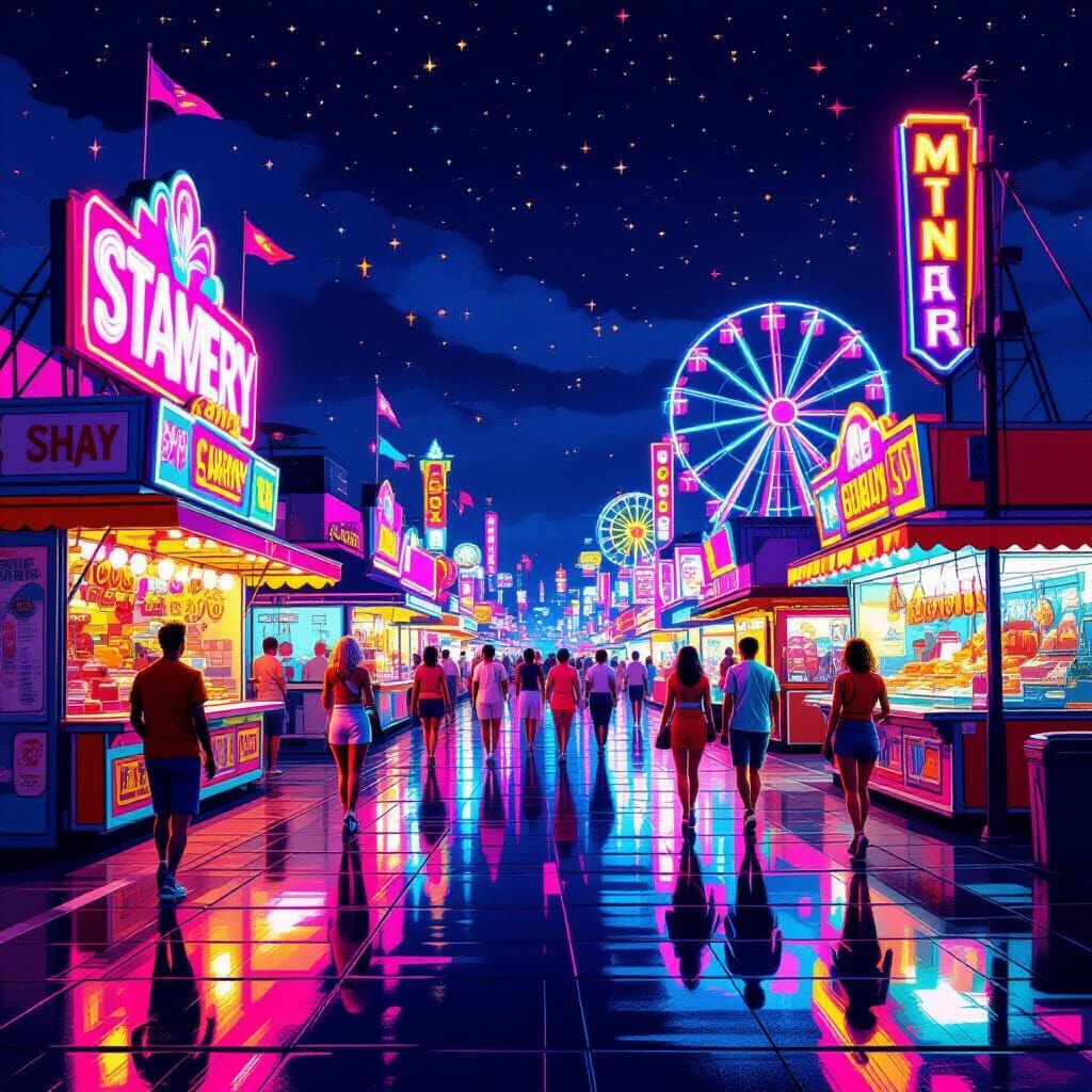 Vibrant 80s Neon Boardwalk Scene at Night
