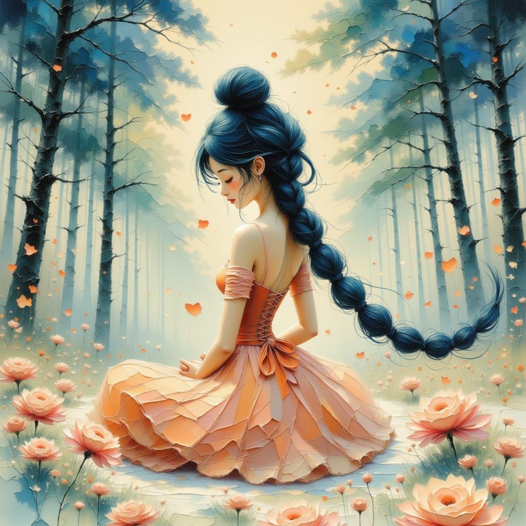 Anime Woman Meditating in Winter Woodland