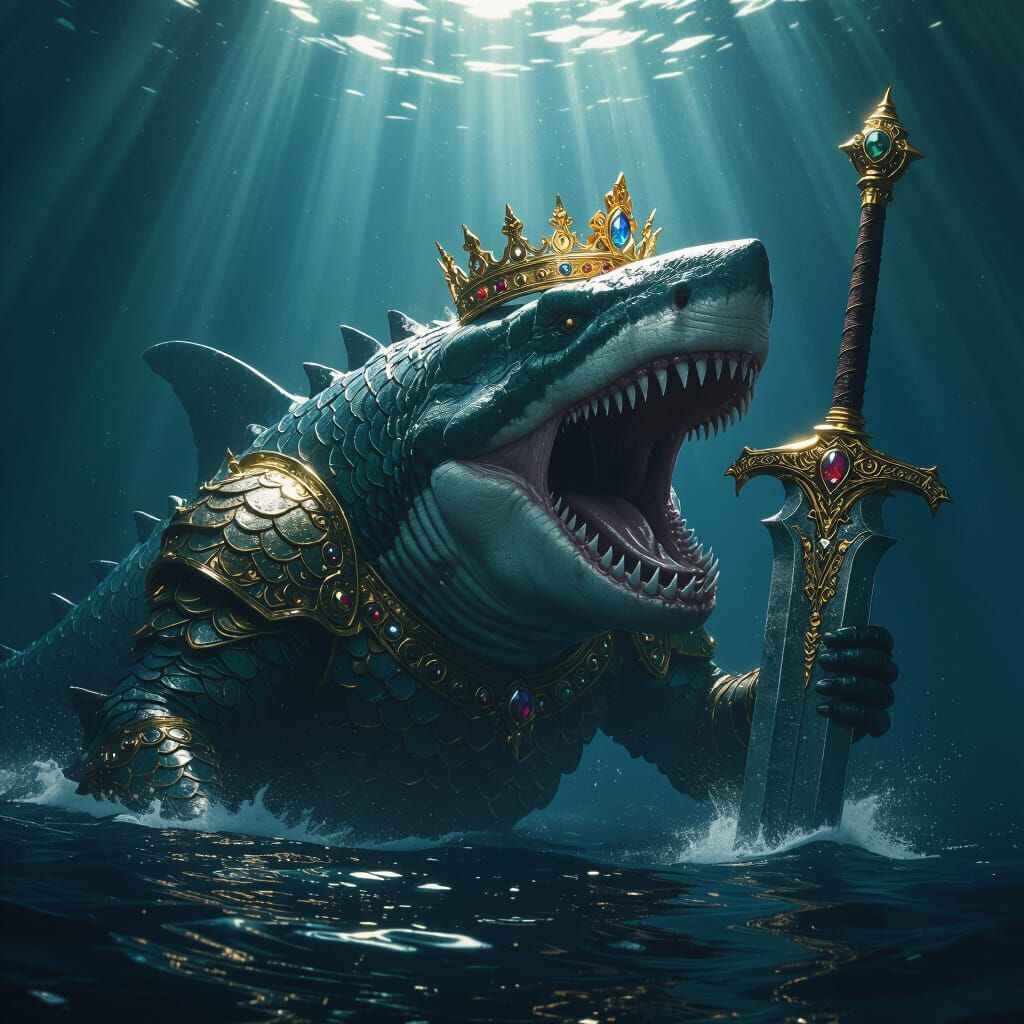 Megalodon Emerges from the Deep with Sword and Crown