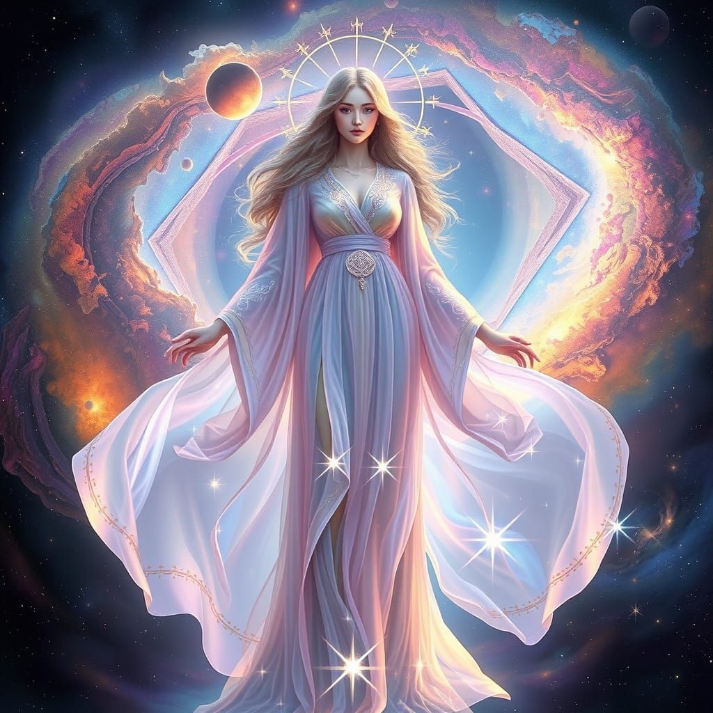Celestial Goddess Amidst Swirling Galaxy