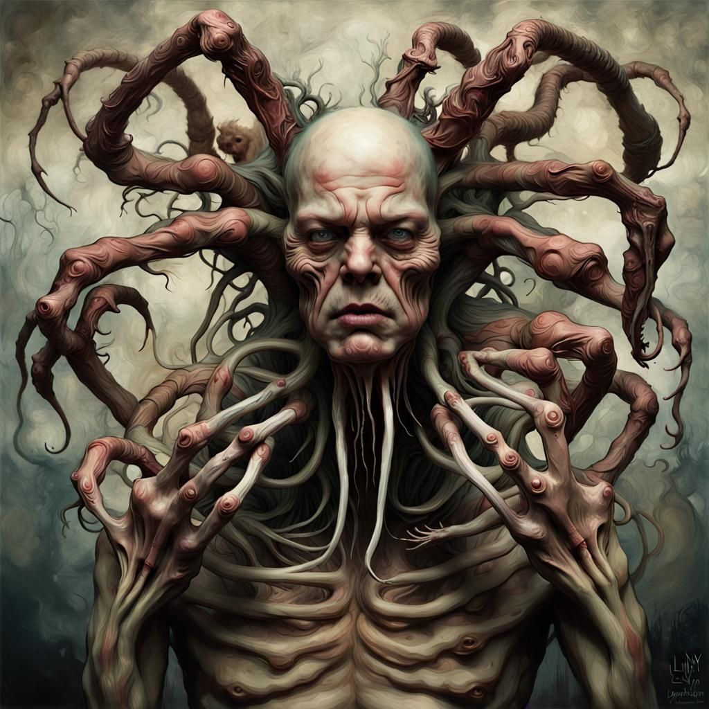 Surreal Multi-Armed Monster in Dark Elegance Style