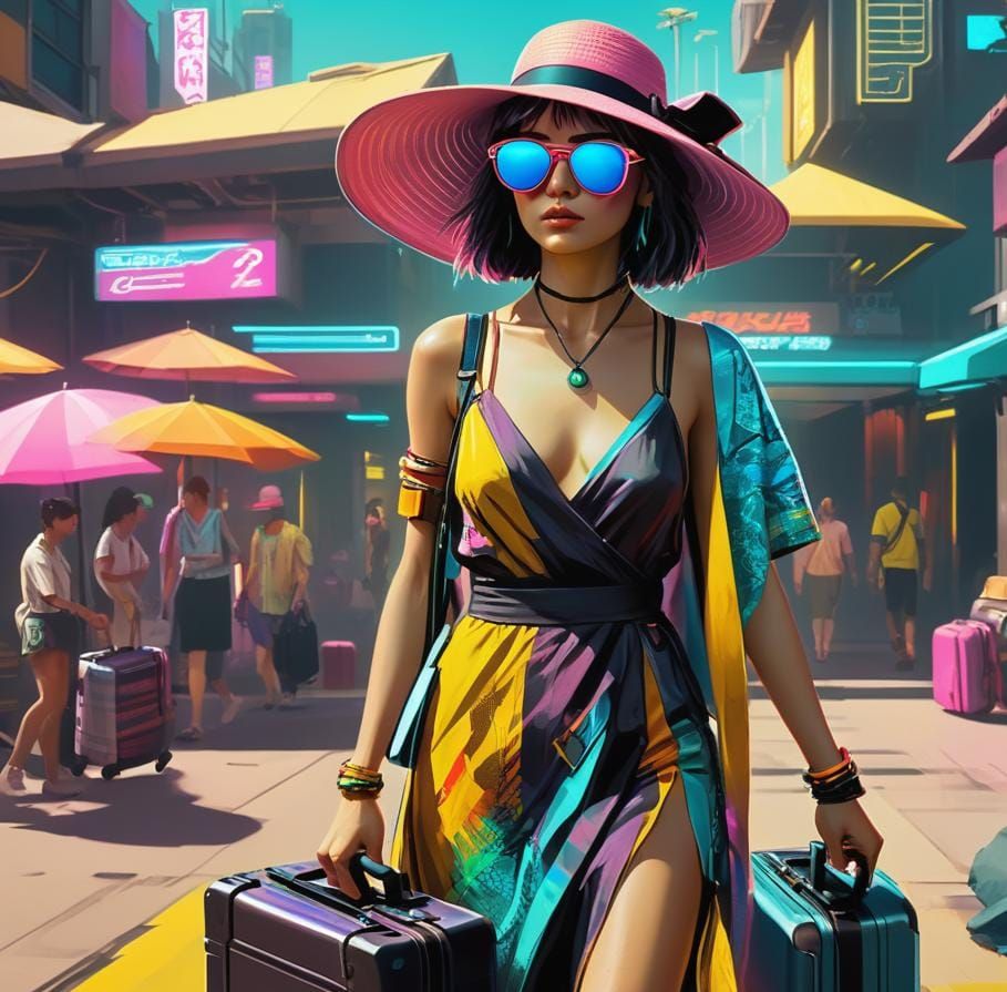 Woman Ready for Summer in Cyberpunk Style