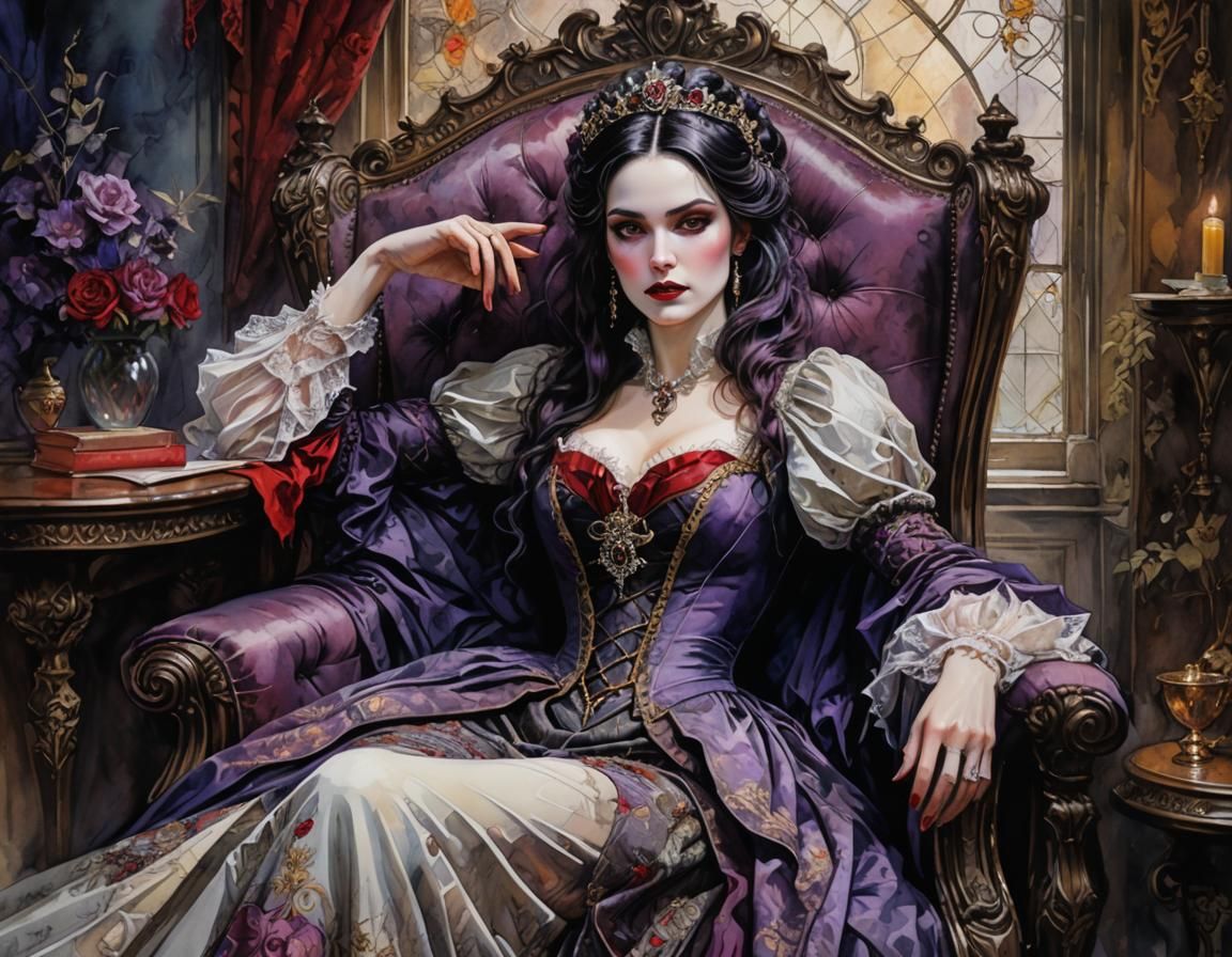 Victorian Gothic Vampiress in Dreamlike Watercolor