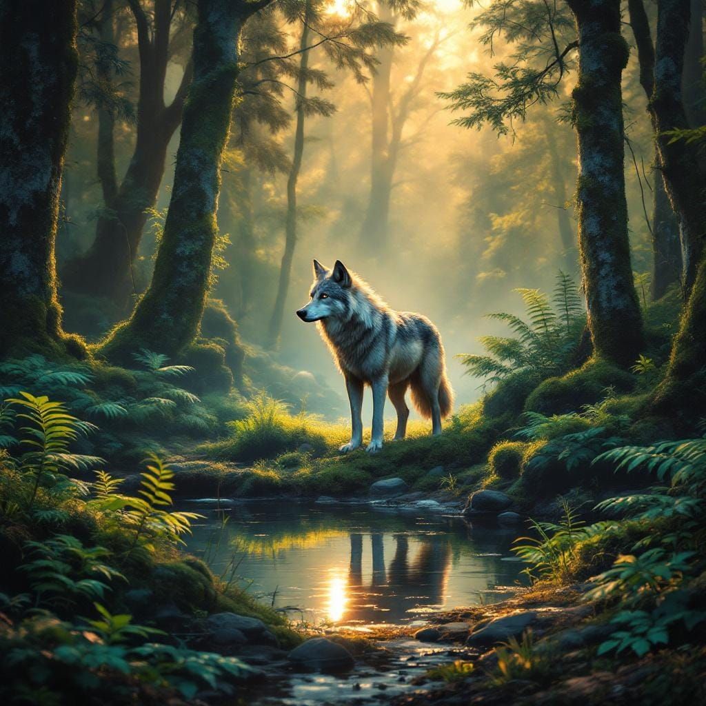 Gray Wolf at Forest Pond in Atmospheric Landscape Style