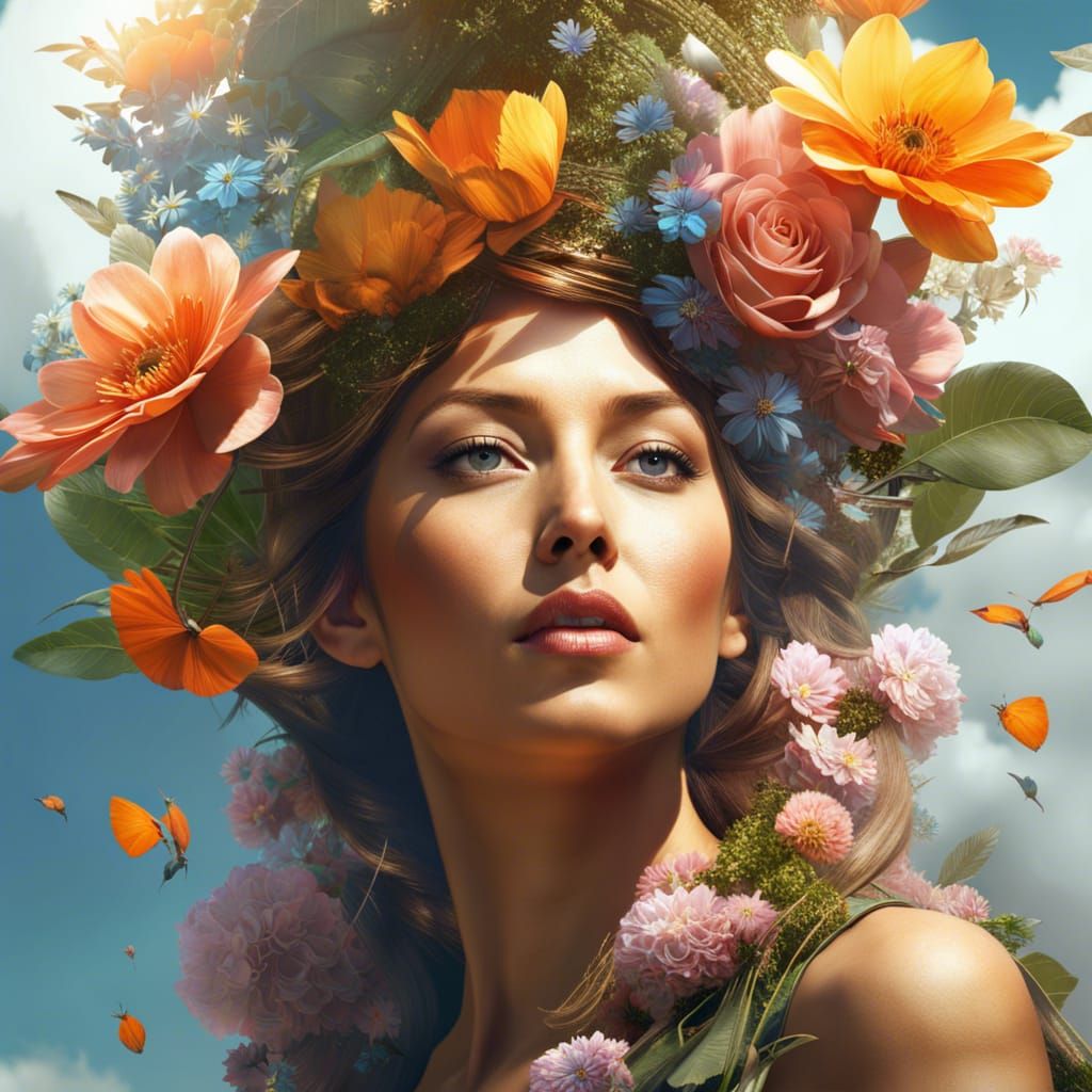Surreal Portrait: Woman of Trees, Flowers, and Clouds