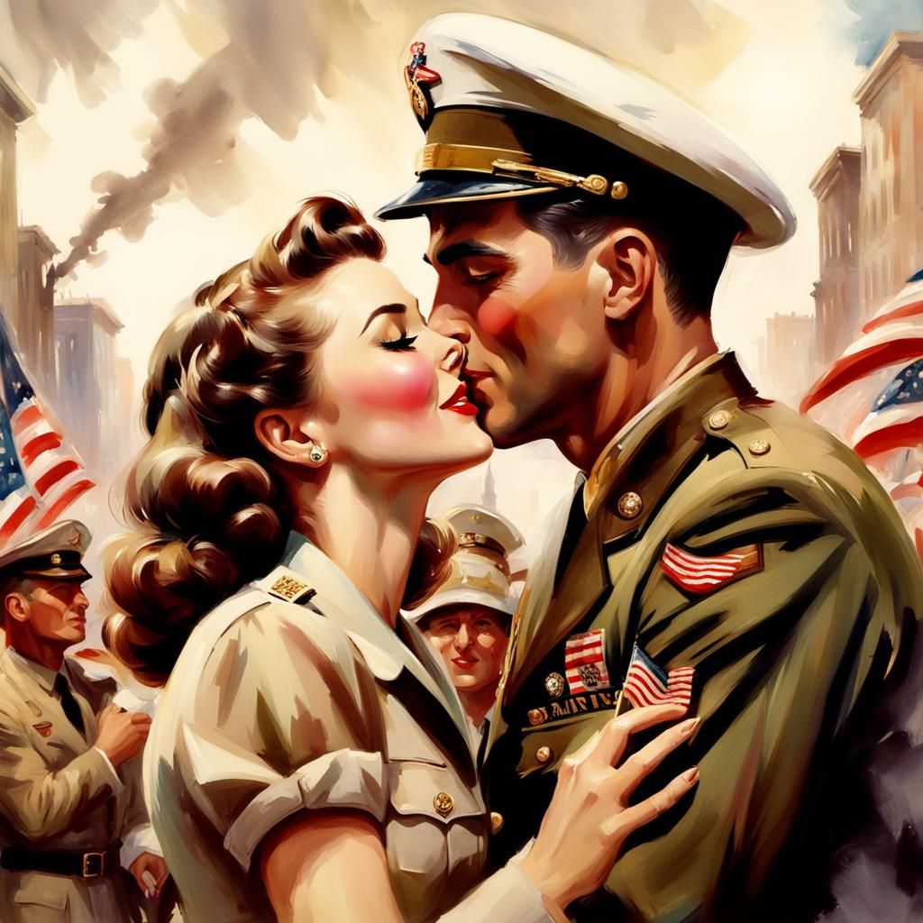 1940s Marine Kissing Girlfriend in City, Impressionistic Sty...