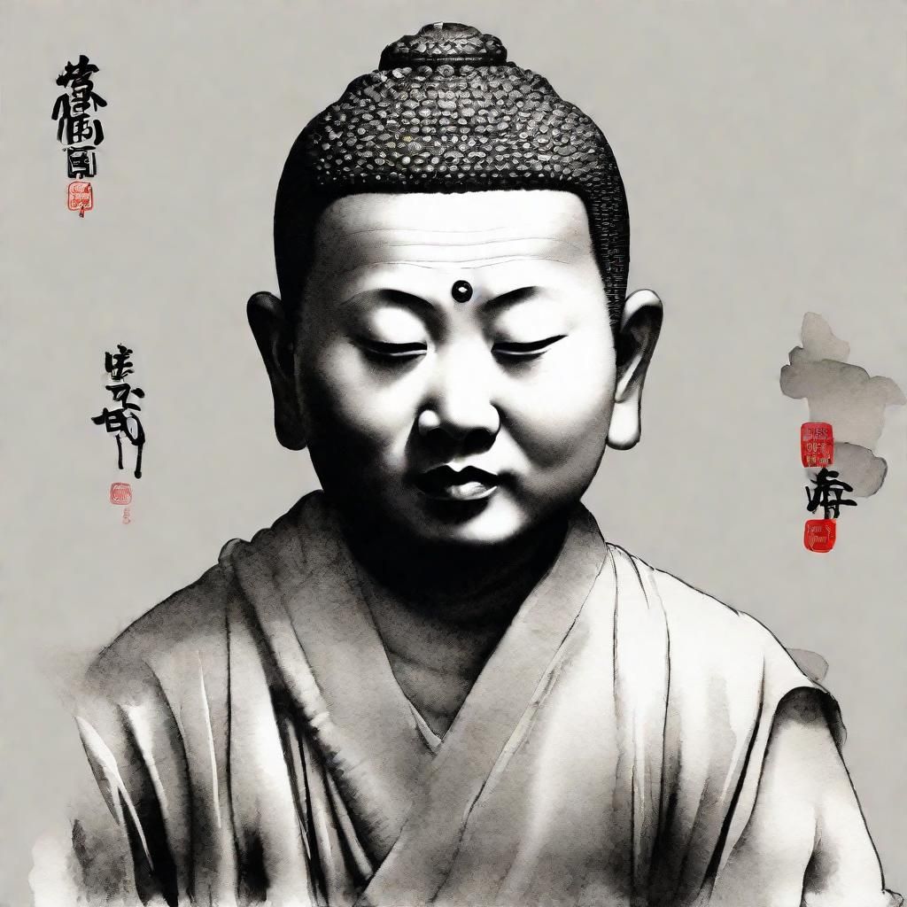 Buddhist Monk Face in Chinese Ink Painting