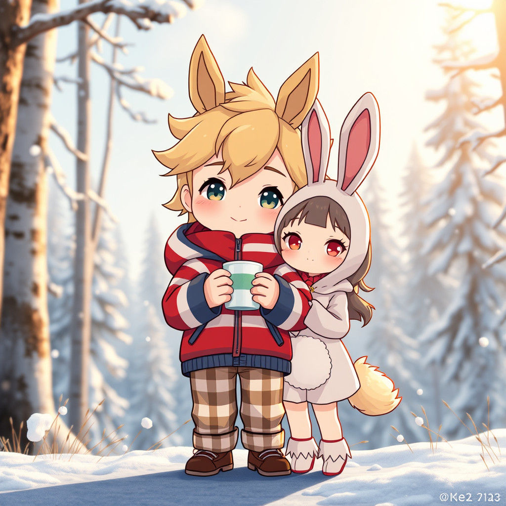 Chibi Characters in Winter Forest, Fantasy Concept Art