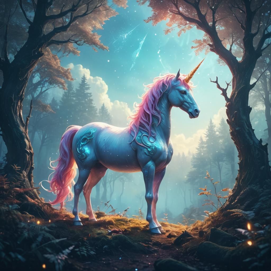 Mystical Unicorn Artifact in Dark Fantasy Forest