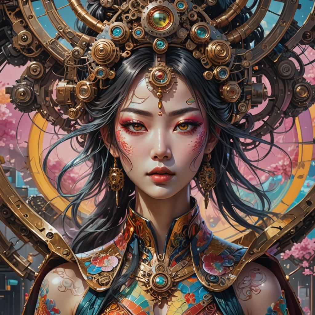 Psychedelic Cyberpunk Japanese Goddess Digital Art
