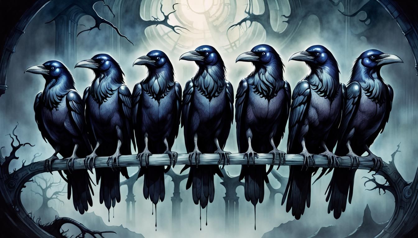 Eerie Seven Ravens Illustration in Giger Style
