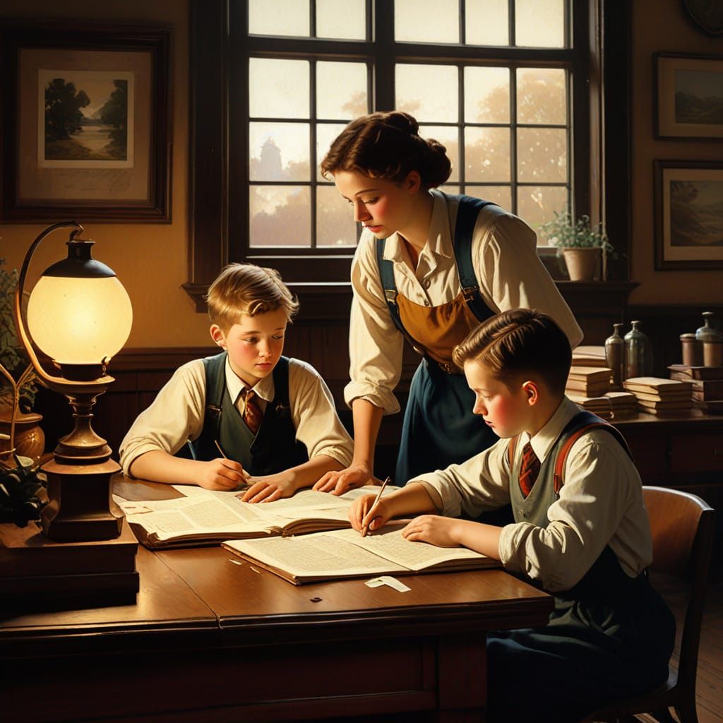 Puzzled Schoolboy Studies World Atlas in Warm, Impressionist...