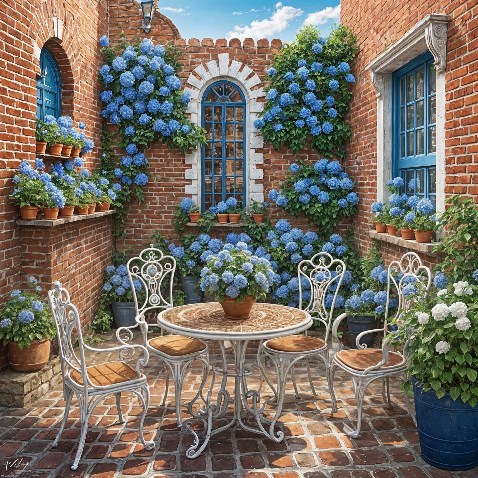 Courtyard Garden with Blue Flowers, Hyperdetailed Art