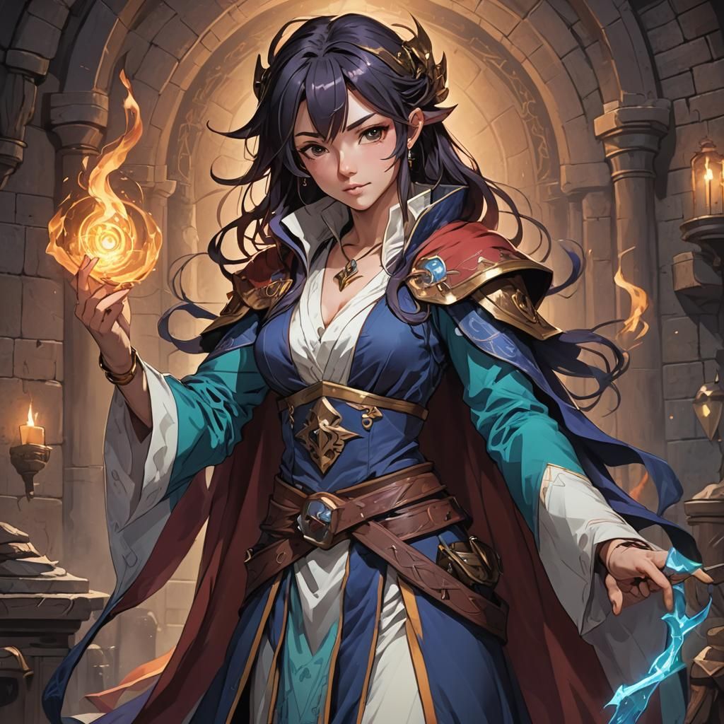 Anime Mage in Fantasy Robes, Cel-Shaded Art