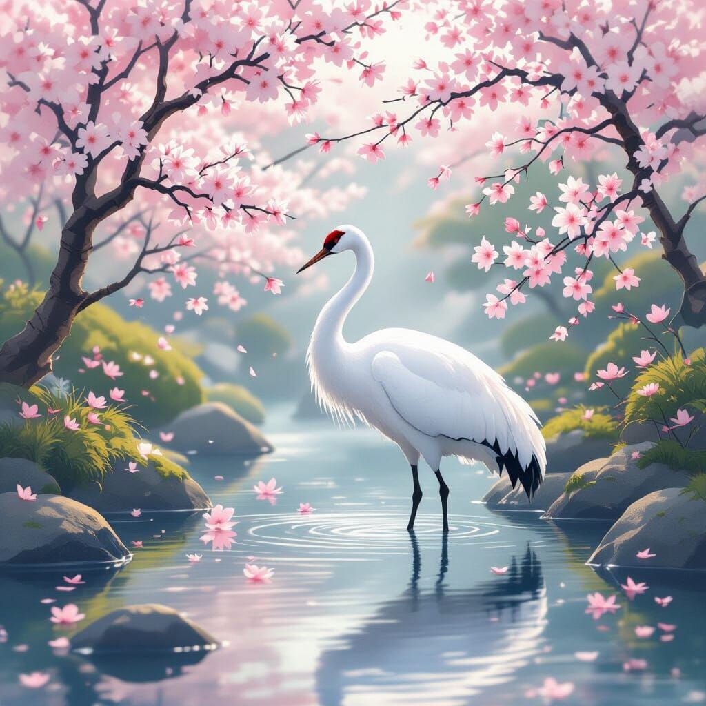 Graceful White Crane in Japanese Garden, Watercolor Style