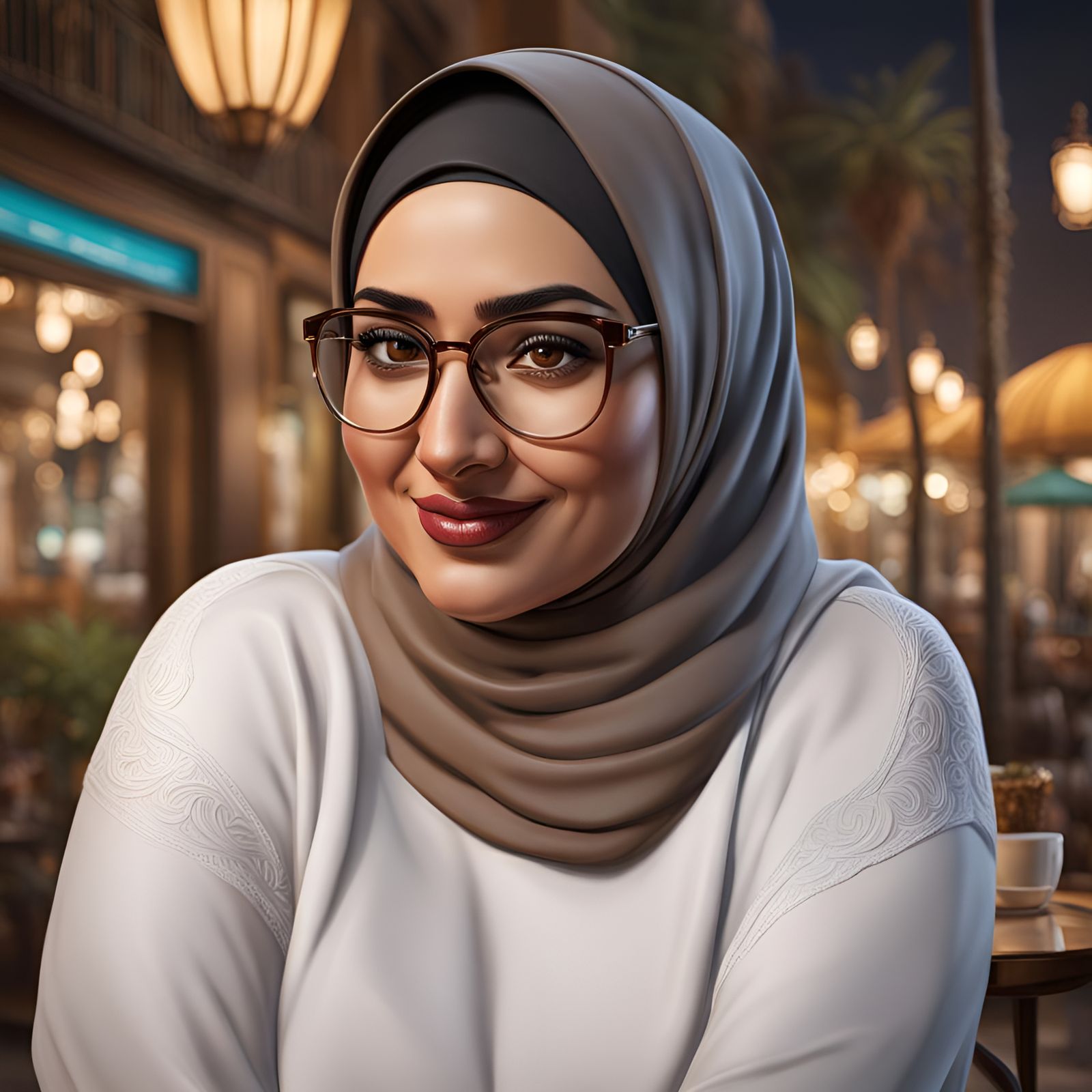 Confident Hijabi Woman Smiling in Cafe, Hyperrealistic Art